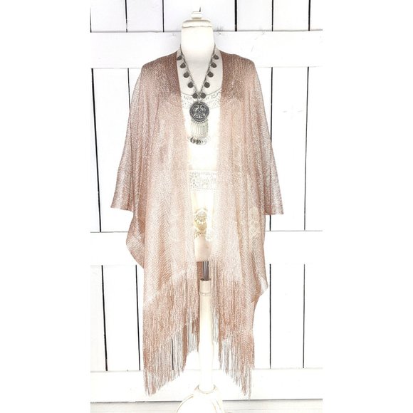 Rose gold metallic mesh kimono cover up fringe jacket - Picture 5 of 6